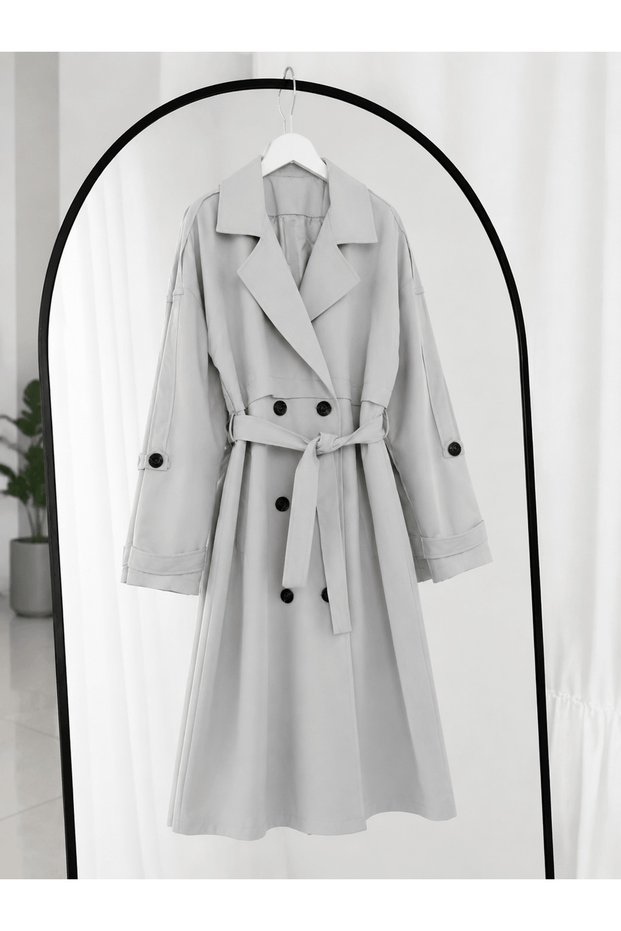 Trench Coat with Epaulets - Light Gray