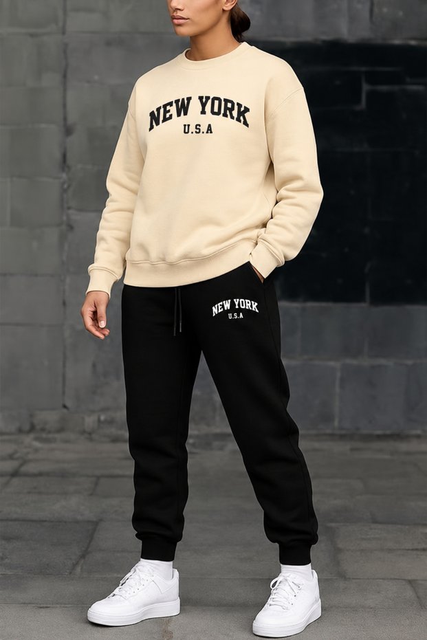 ZERO-NECK BRUSHED INSIDE TRACKSUIT, SEASONAL, WITH "NEW YORK, U.S.A." PRINT, WOMEN'S / MEN'S UNISEX STYLE