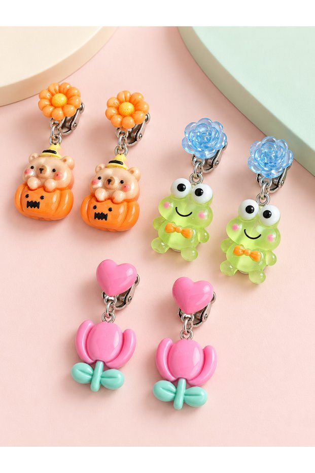 Children's Clip-On Earring Set, 3 Pairs – Frog, Tulip, and Teddy Bear Print / Suitable for Unpierced Ears – 4 cm