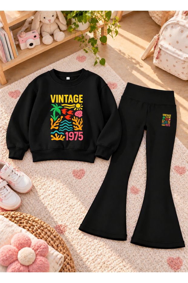 Girls' Flared Leggings Set with Crew Neck Printed Sweatshirt—3-Ply Brushed Inside Winter Cotton Set