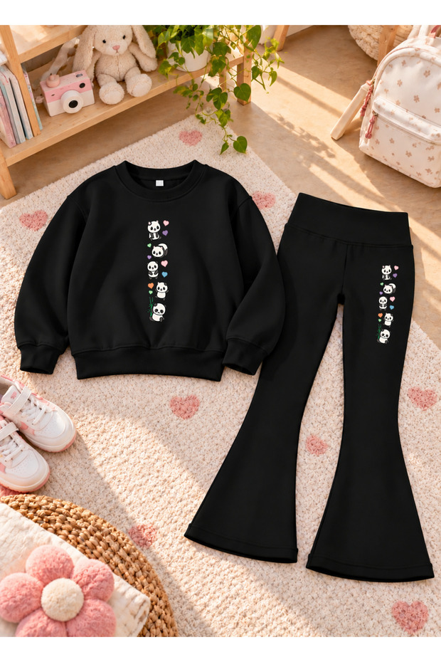 Girls' Flared Leggings Set with Printed Crew Neck Sweatshirt—3-Ply Brushed Inside Winter Cotton Set