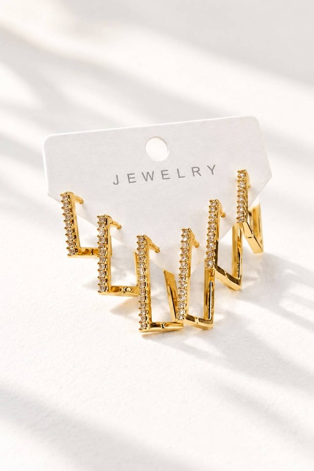 Women's Gold-Colored 3-Piece Square-Shaped Hoop Earring Set with Zircon Stones (Ships in a Box)