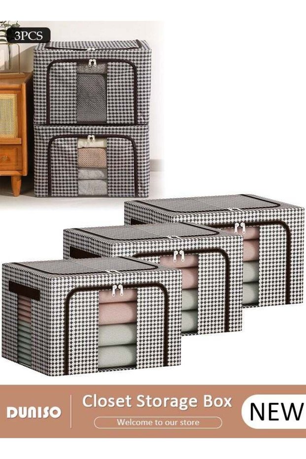 DUNISO 3 Pack Closet Storage Box with Metal Frame, Stackable Flodable Closet Container Organizer