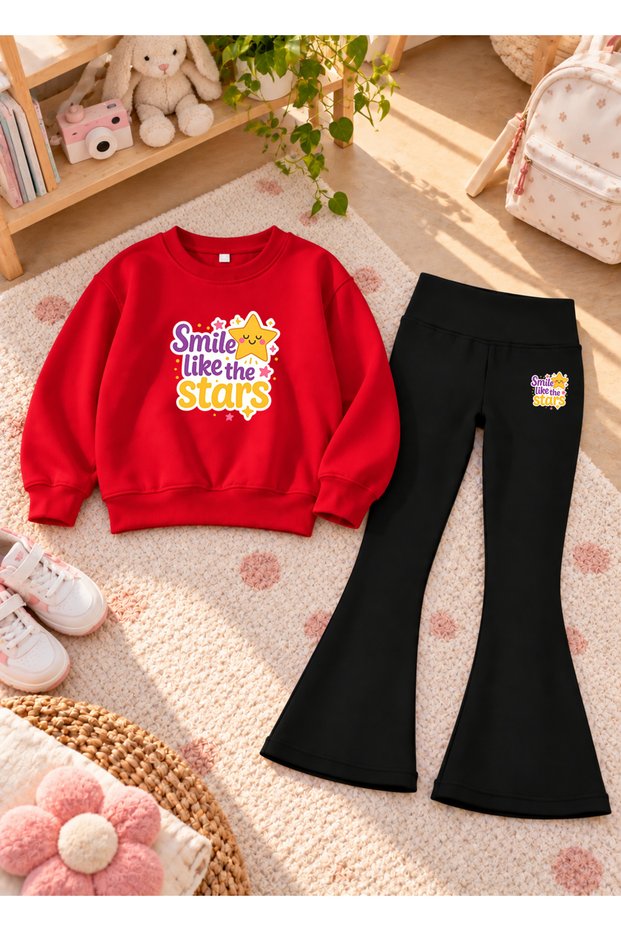 Girls' Flared Leggings Set with Crew Neck Printed Sweatshirt—3-Ply Brushed Inside Winter Cotton Set