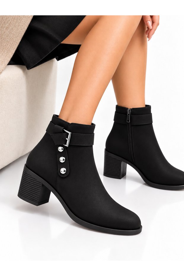 Women's Buckled Ankle Boots with Silver Accents and Button Details—A Modern and Timeless Design with Thick Heels