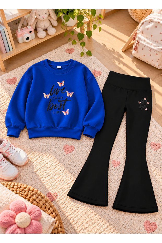 Girls' Flared Leggings Set with Crew Neck Printed Sweatshirt—3-Ply Brushed Inside Winter Cotton Set