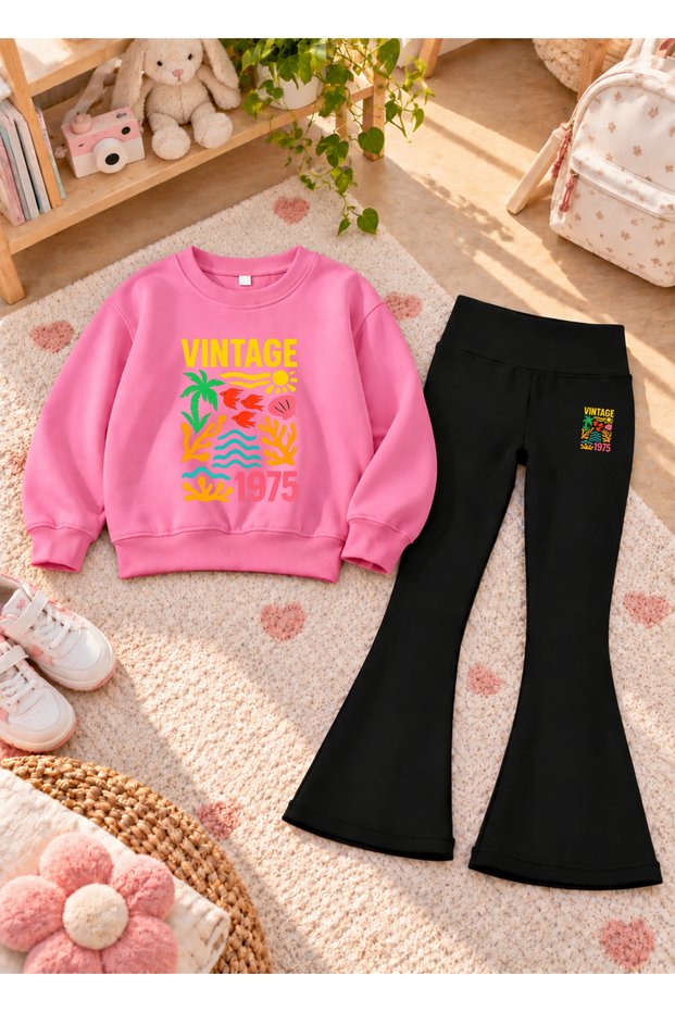 Girls' Flared Leggings Set with Crew Neck Printed Sweatshirt—3-Ply Brushed Inside Winter Cotton Set