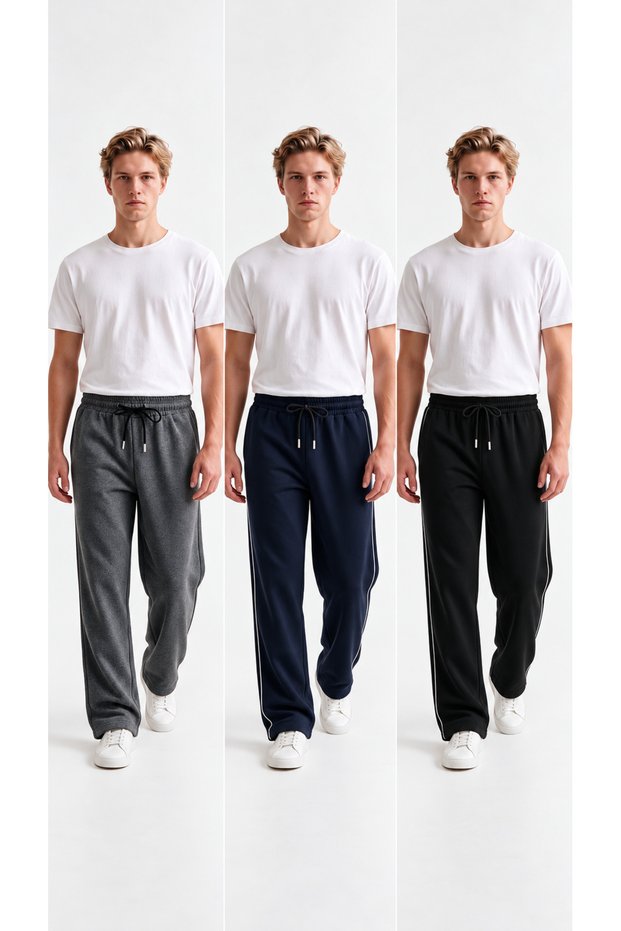 Men's 3-Piece Baggy Piped Sweatpants, Relaxed Fit