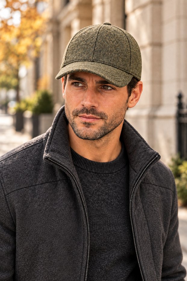 Men's Melton Winter Baseball Cap with Velcro, Adjustable, and Brim
