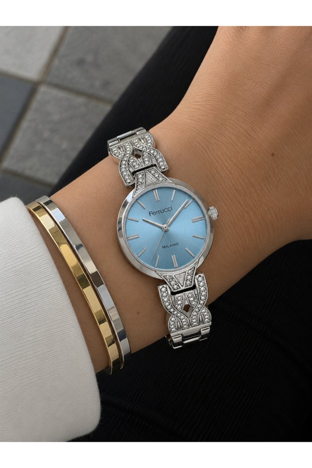 Milano Women's Silver-Toned Metal Strap Analog Watch with Light Blue Dial, Stone Embellishments, and Round Case, 32 mm