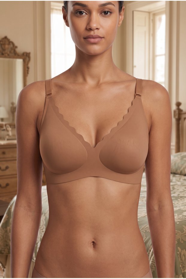 Seamless Wavy-Edge Bralette - Laser Cut, Stitch-Free, Non-wired Bra with Adjustable Straps - Cappuccino