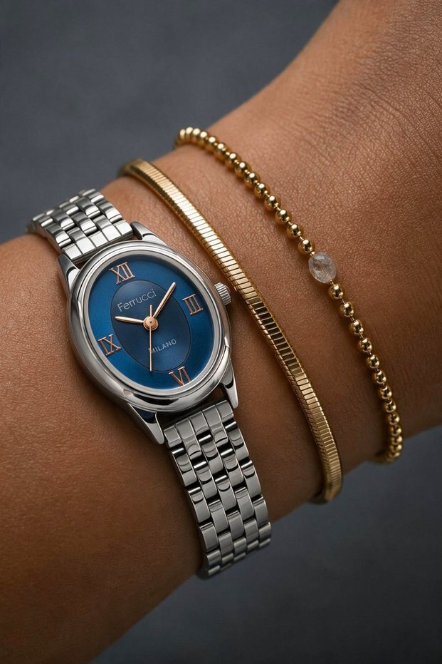 Milano Women's Analog Watch with Silver Metal Strap, Blue Dial, Roman Numerals, and Round Case, 25 mm