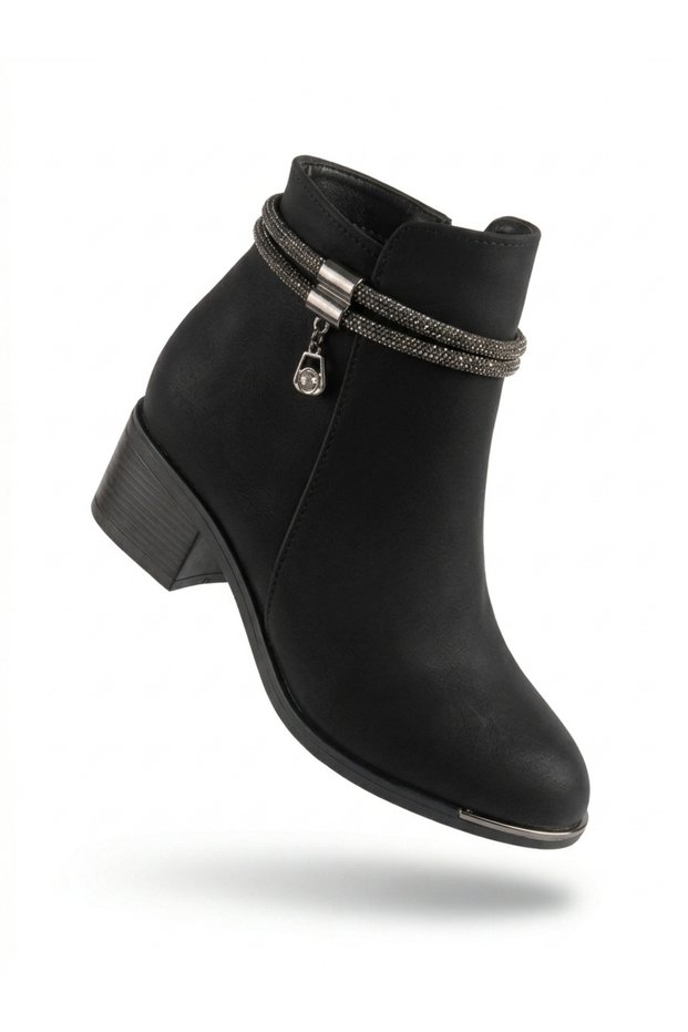 Arma 4114 Black Stone Embellished Comfortable, Lightweight, Everyday Non-Slip Heeled Women's Boots