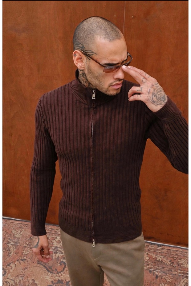 Men's Acı Kahve Casual Premium Knit Stretch Fabric Cardigan with Double Zippers