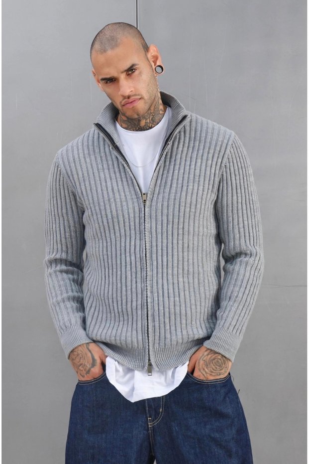 Men's Gray Casual Premium Knit Stretch Fabric Cardigan with Double Zippers