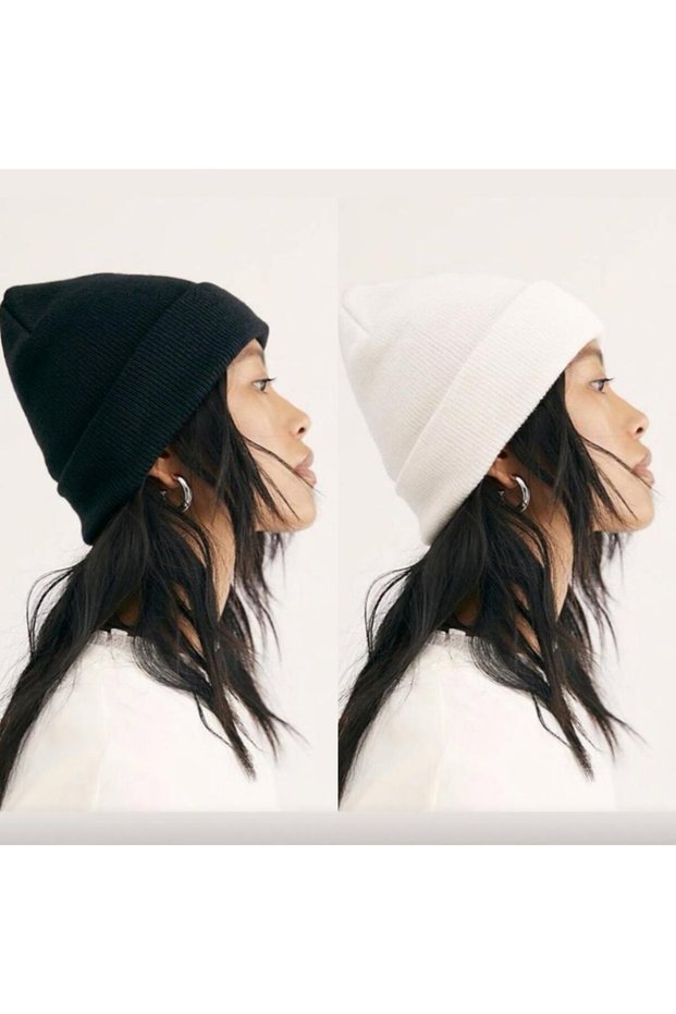 Unisex Foldable White-Black Beanie Set