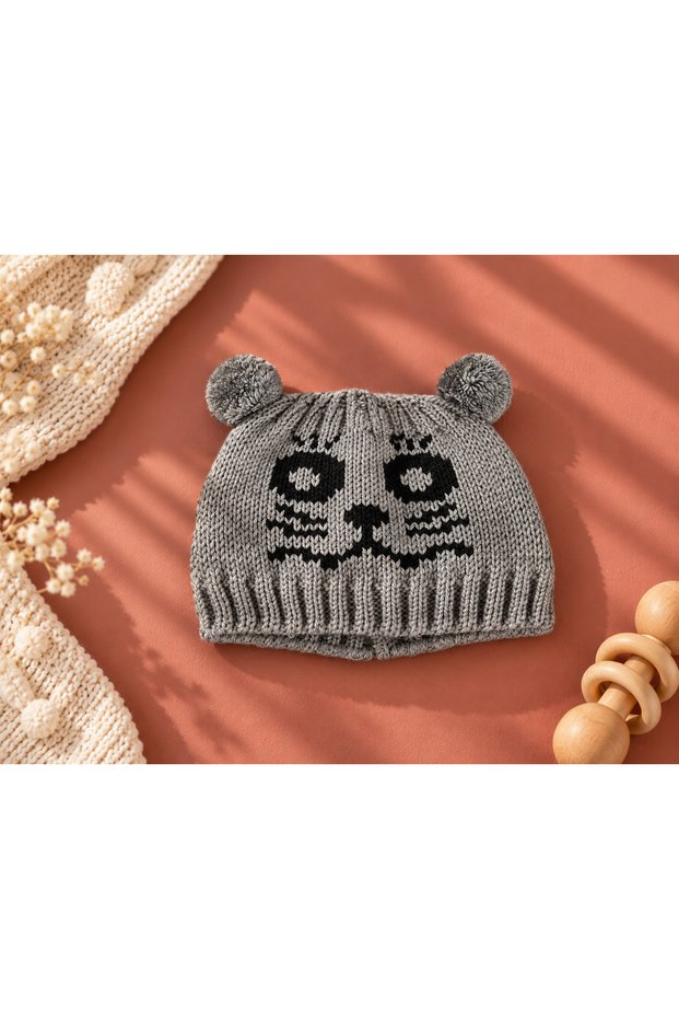 3-6 Years Old Children's Colorful Beanie with 100% Wool Rubber Knit Cat Pattern