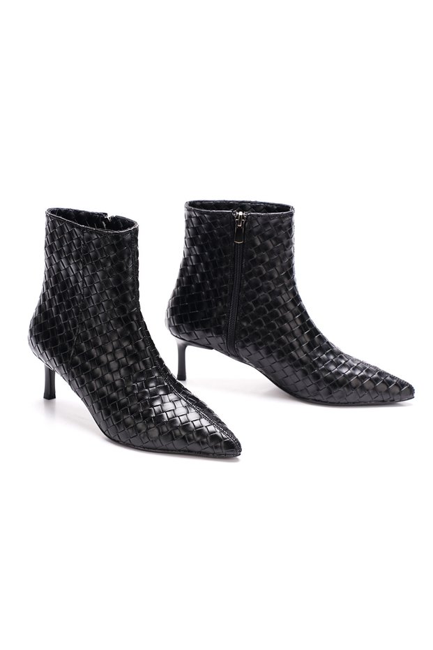 Women's Knitted Detail Classic Heeled Boots 5129 BLACK LEATHER