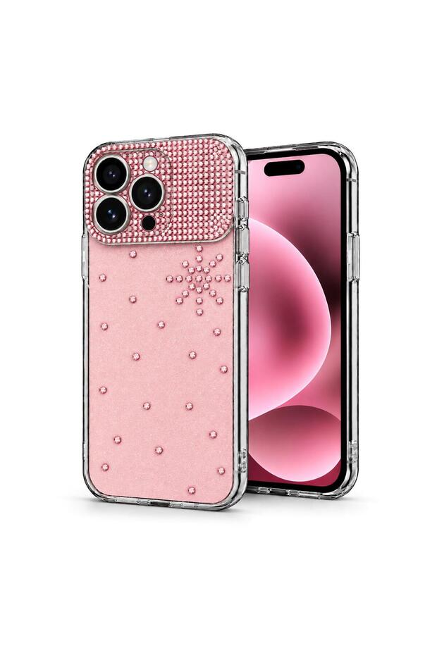غطاء متوافق مع هاتف Apple iPhone 16 Pro، تصميم ShineGlam Luxe باللون الذهبي الوردي.
