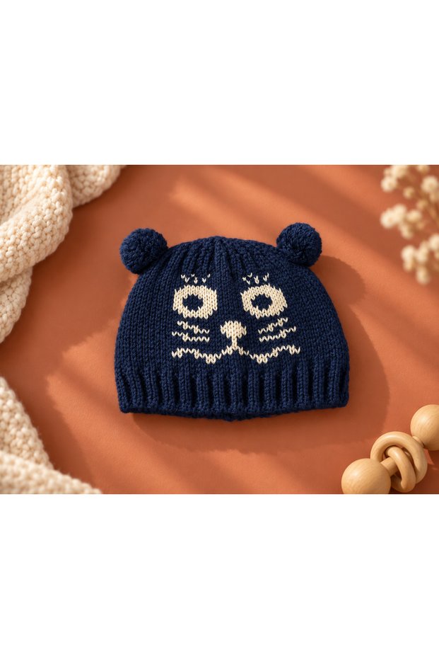 3-6 Years Old Children's Colorful Beanie with 100% Wool Rubber Knit Cat Pattern