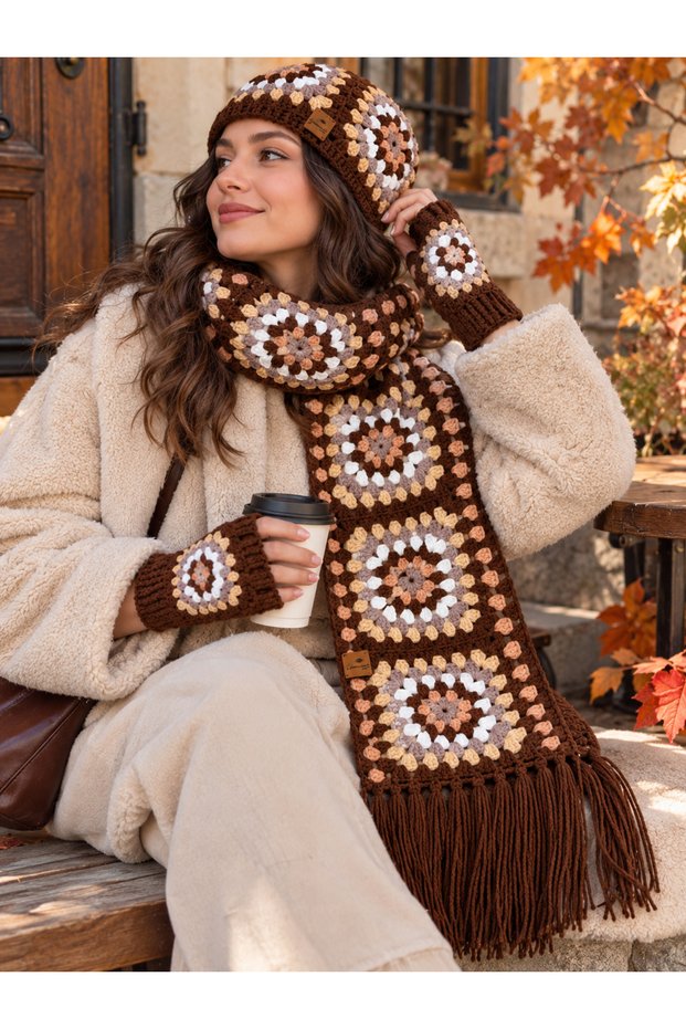 Knitted Brown-Patterned Bohemian Beanie, Scarf, and Gloves Set