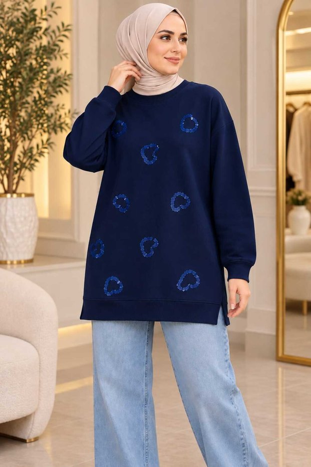 Navy Blue Oversized Modest Sweat Tunic with Sequins – Women's Sporty-Chic Long Sweatshirt