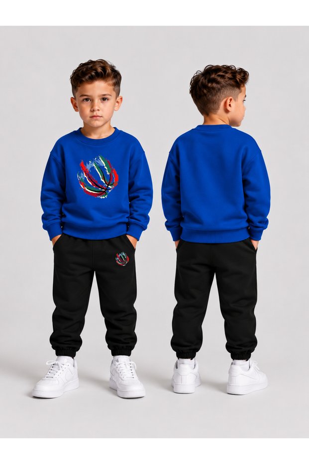 Children's Printed Winter Sweatsuit Top and Bottom Set: 3-Ply Brushed Inside Crew Neck Sweatshirt and Cotton Pants Set