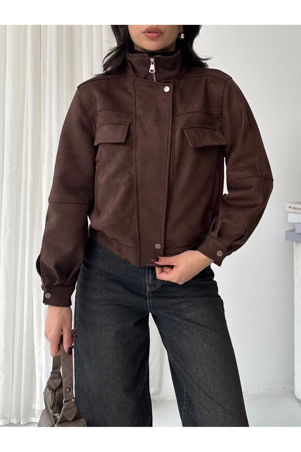 New Season Women's Oversized Mock Neck Double-Pocket Imported Suede Jacket
