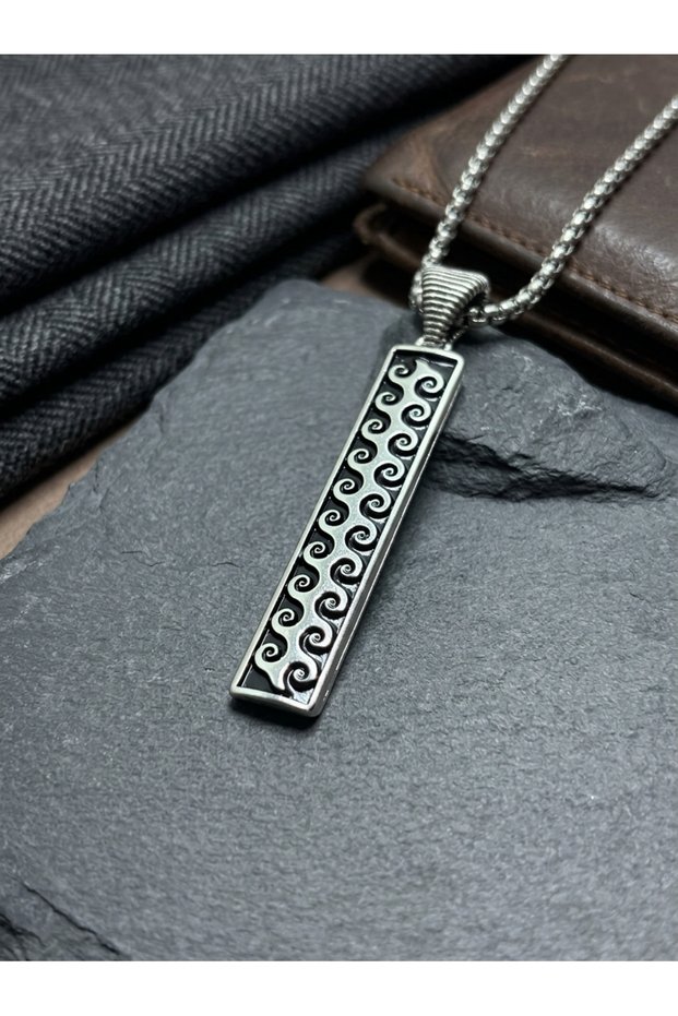 Steel Chain Men's Necklace with Rectangular Bar and Spiral Coil Engraving