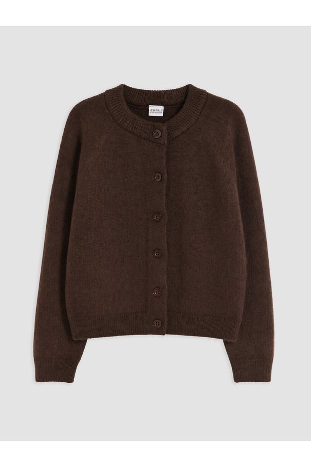Brown Crew Neck Girls' Knitwear Cardigan