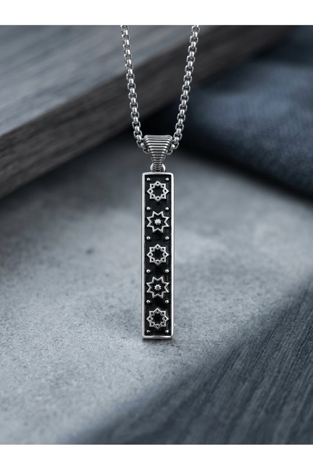 Steel Chain Men's Necklace with Rectangular Bar and Octagonal Star in a Row, Black Enameled