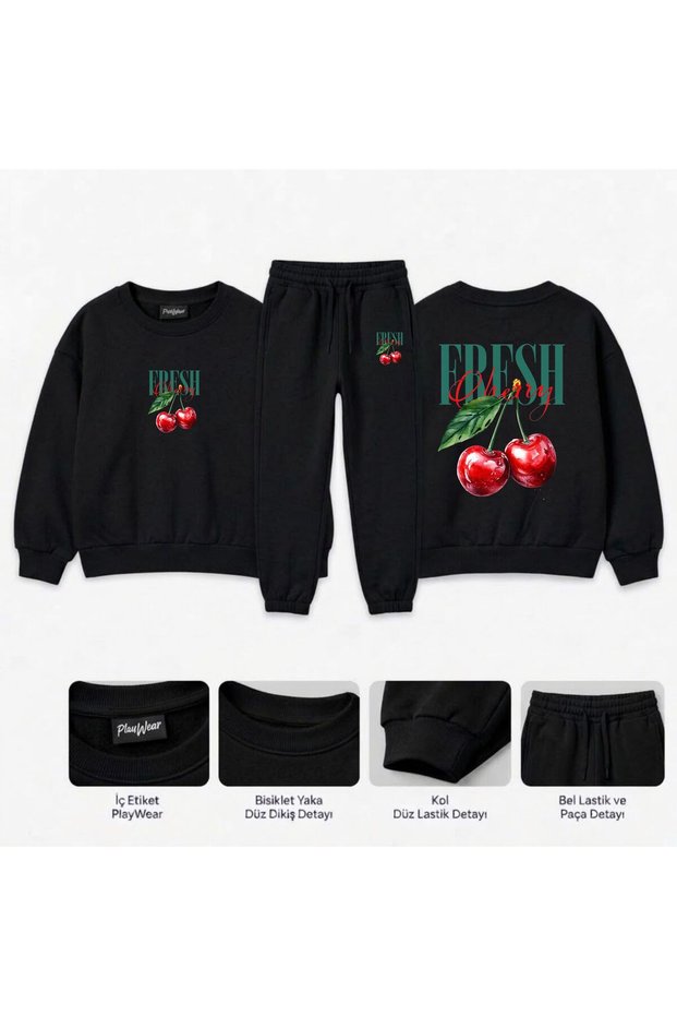 Matching Sweatshirt Set—Cherry Sweetness Print for Girls and Boys, Crew Neck with Men’s Collar