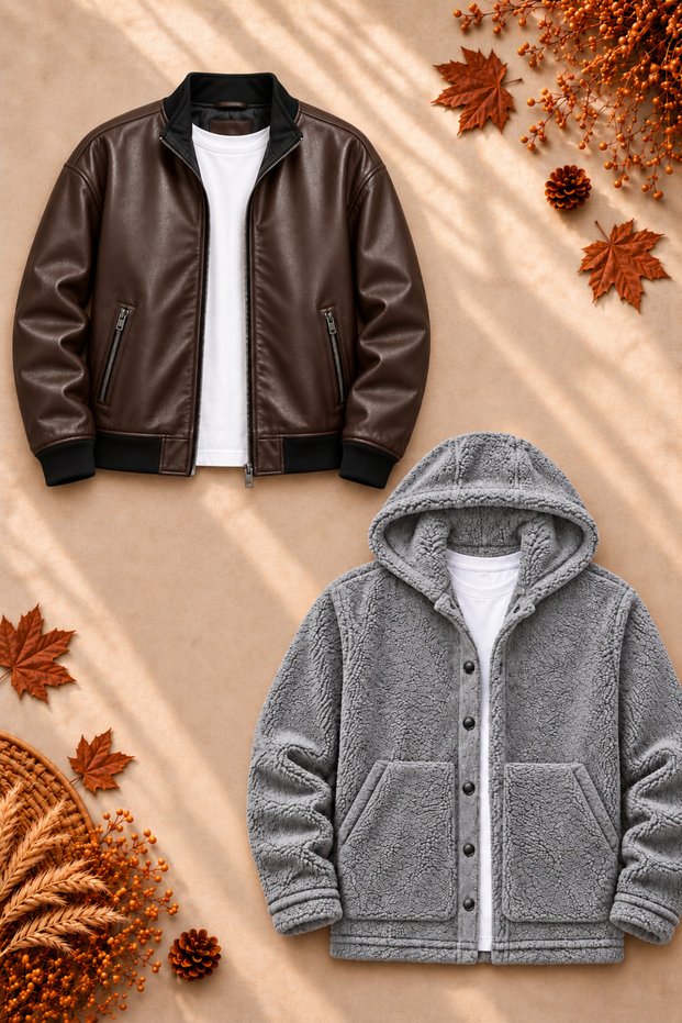 Men's 2-Piece Jacket Set – Double-Pocket Leather Bomber Jacket and Hooded Button-Up Plush Jacket
