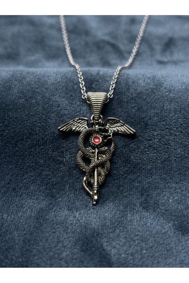 Steel Chain Men's Necklace with Winged Serpent-Wrapped Sword and Red Stones, Antique Finish