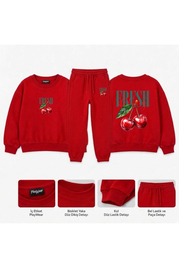 Matching Sweatshirt Set—Cherry Sweetness Print for Girls and Boys, Crew Neck with Men’s Collar