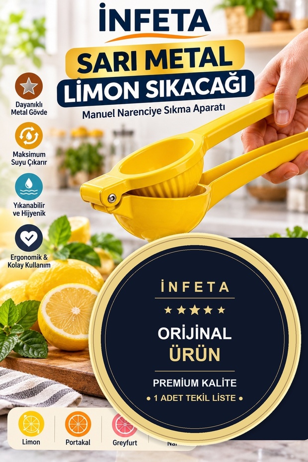 Yellow Metal Lemon Squeezer, 20.5 cm, Manual Citrus Juicer with Ergonomic Handles