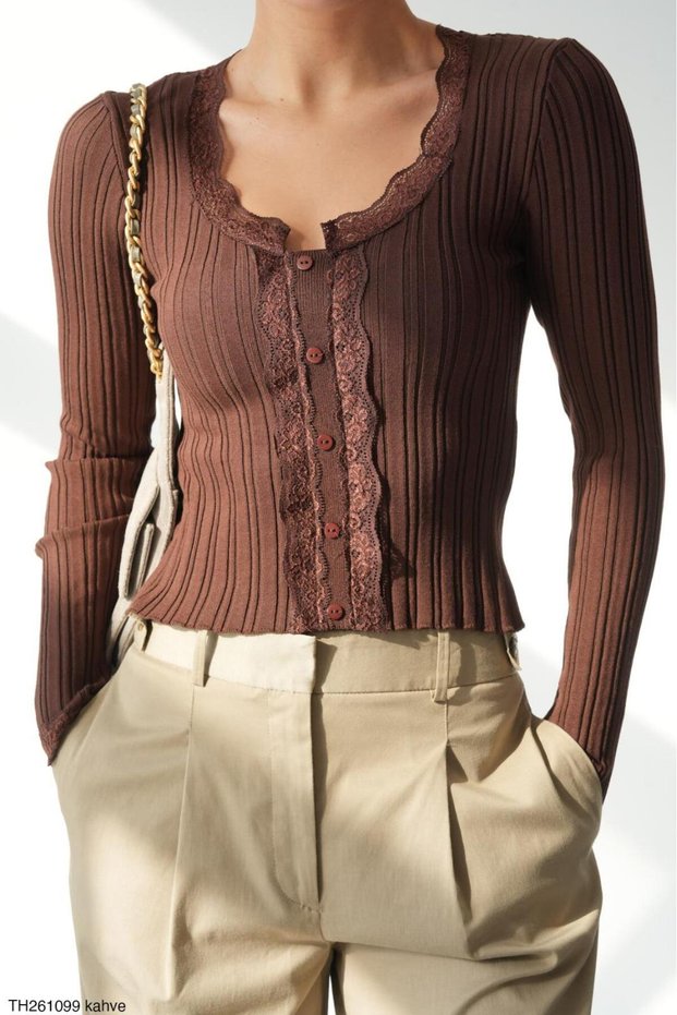 U-Neck Cardigan with Lace Collar Detail