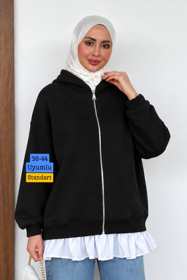 Women's 3-Ply Fleece-Lined Hooded Modest Basic Sweater Cardigan with Ruffle Detail 394
