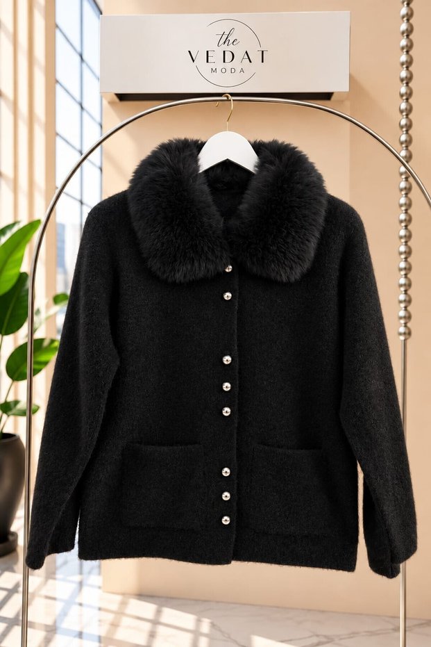 Women's Soft Cardigan with Fur Collar Detail and Beard -0630 BLACK