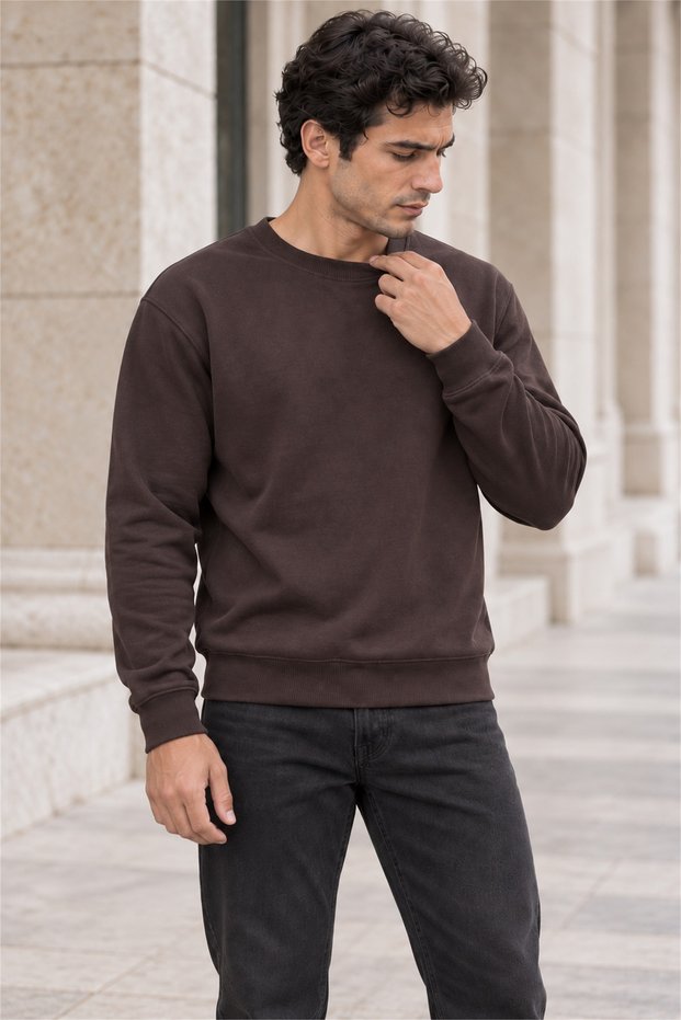 Men's Brown Brioche Knit Crew-Neck Sweatshirt, Relaxed Fit with Elastic Cuffs and Hem