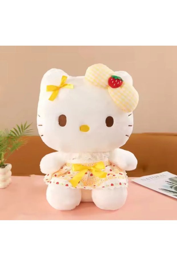 Hello Kitty plush toy with a yellow strawberry pattern, 45 cm, large size, soft plush fabric