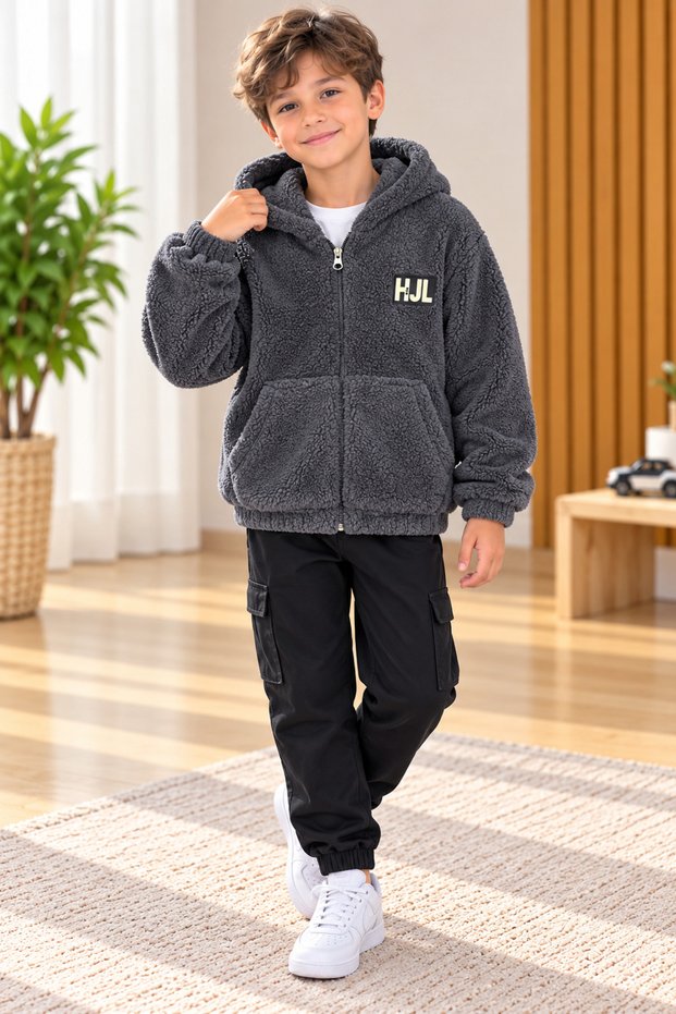 Boys' Plush Fleece-Lined Hooded Zipper Sweatshirt