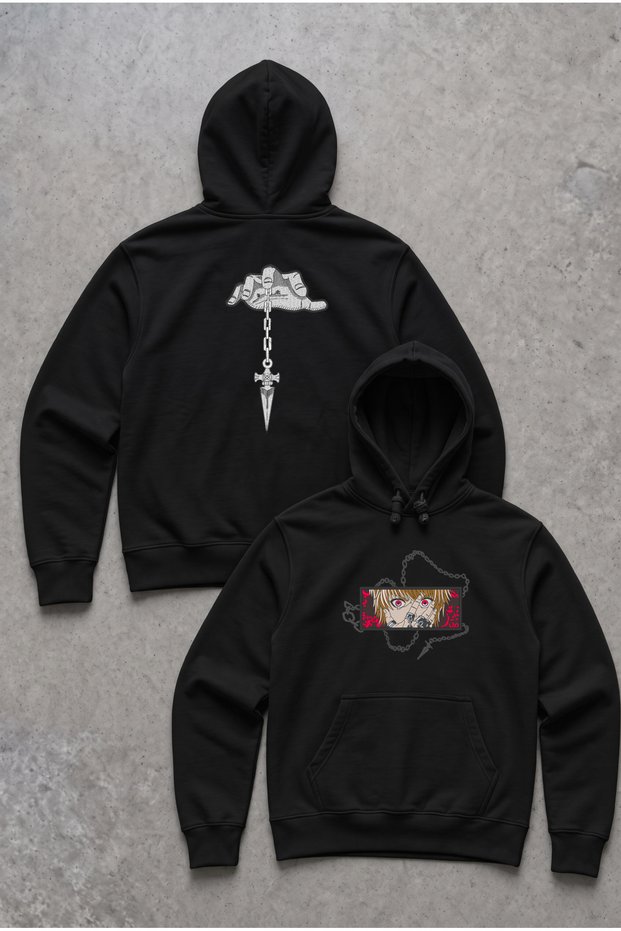 HunterxHunter Kurapika Red Eye and Chain Embroidered Kangaroo Pocket Anime Black Unisex Sweatshirt Hoodie