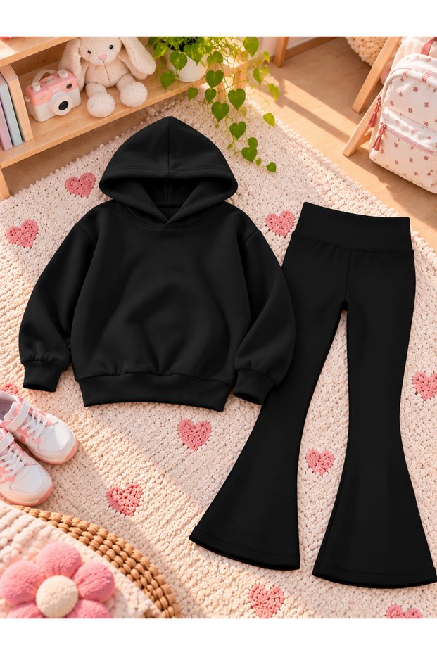 Girls' Flared Leggings Set—Winter, Unprinted, Hooded Sweatshirt Top and Bottom Set (3-Ply Brushed Inside Ribbed), Unprinted
