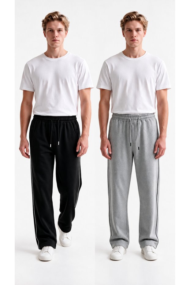 Men's 2-Piece Baggy Winter Sweatpants with Piped Hem, Side Pipes, and Zipper Pockets