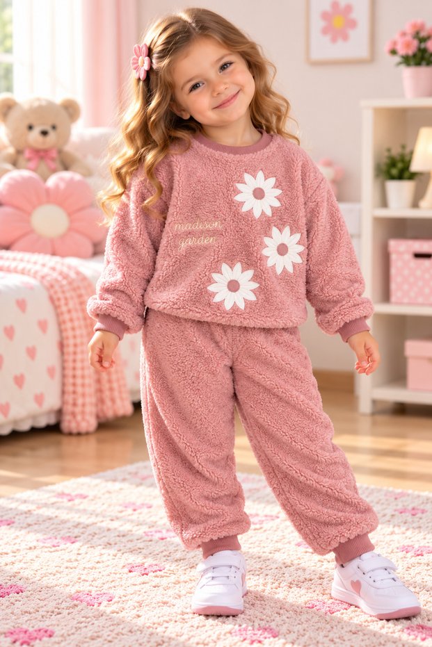 Girls' Plush Sweatsuit Set with Floral Print—Soft Welsoft Fleece Sweatshirt and Pants Set