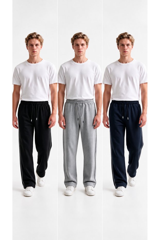 Men's 3-Piece Baggy Winter Sweatpants with Piped Hem, Side Pipes, and Zippered Pockets