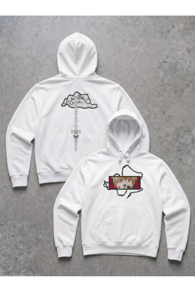 HunterxHunter Kurapika Red Eye and Chain Embroidered Kangaroo Pocket Anime Black Unisex Sweatshirt Hoodie