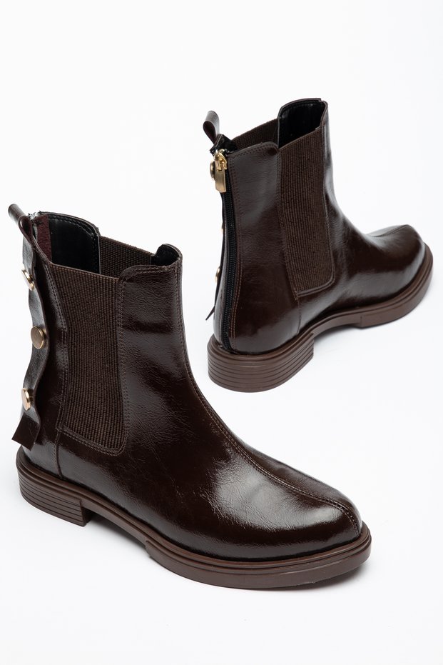 Women's Gold Buttoned Double Elastic Back Zipper Casual Boots Valone Brown