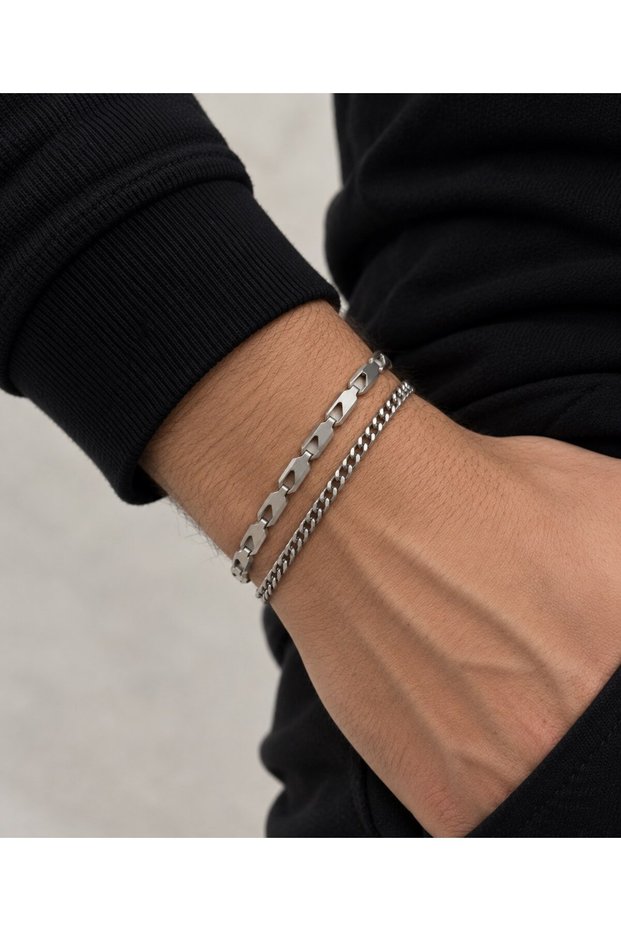Men's Stainless Steel Double Bracelet Set—Silver-Colored Geometric Chain and Gourmet Chain Style